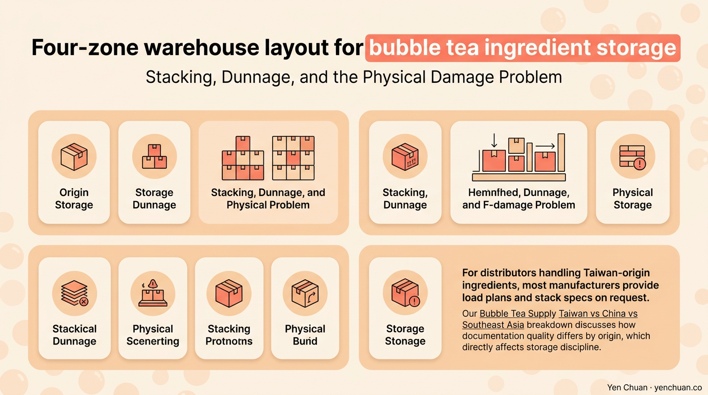 Four-zone warehouse layout for bubble tea ingredient storage
